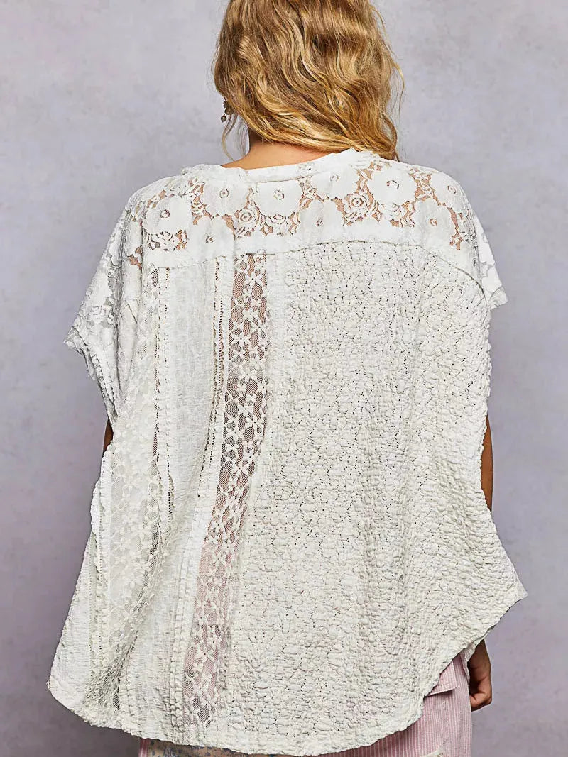 POL Raw Romance Asymmetrical Short Sleeve Lace Top in White-Women's Shirts & Tops-Shop Z & Joxa