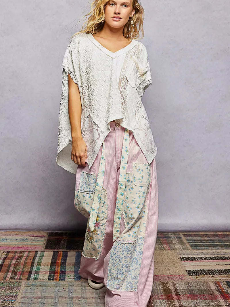 POL Raw Romance Asymmetrical Short Sleeve Lace Top in White-Women's Shirts & Tops-Shop Z & Joxa