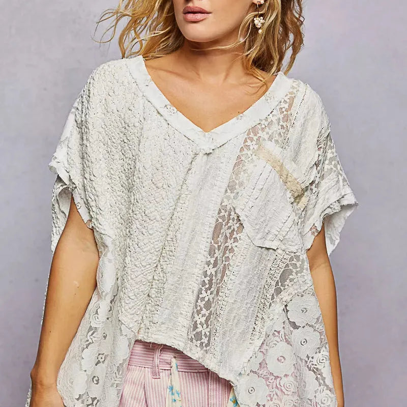 POL Raw Romance Asymmetrical Short Sleeve Lace Top in White-Women's Shirts & Tops-Shop Z & Joxa
