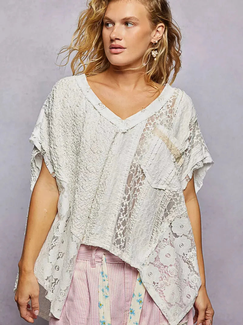 POL Raw Romance Asymmetrical Short Sleeve Lace Top in White-Women's Shirts & Tops-Shop Z & Joxa
