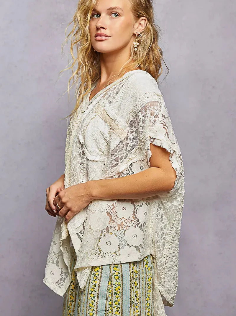 POL Raw Romance Asymmetrical V-Neck Short Sleeve Lace Top-Women's Shirts & Tops-Shop Z & Joxa