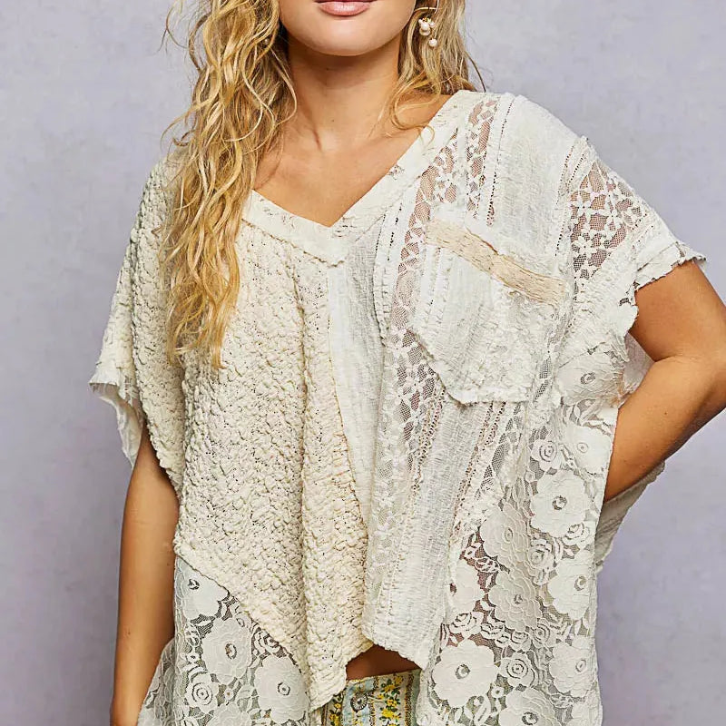 POL Raw Romance Asymmetrical V-Neck Short Sleeve Lace Top-Women's Shirts & Tops-Shop Z & Joxa