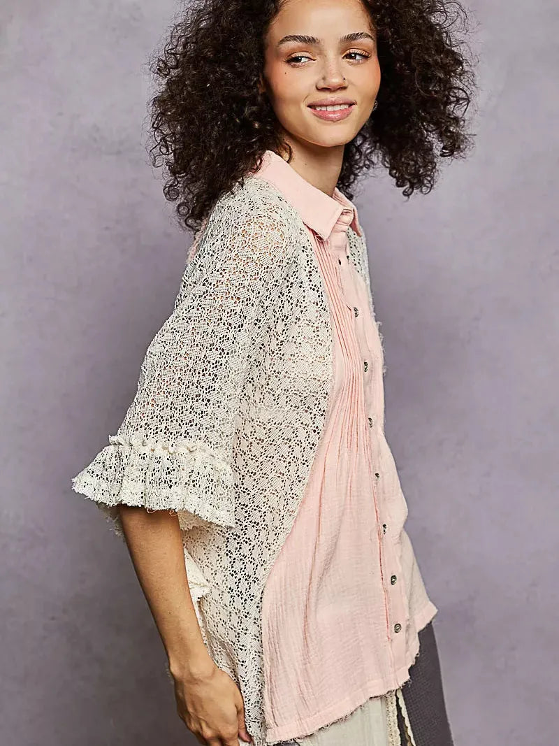 POL Rose Mist Front Pleated Button Up Shirt with Crochet Patch-Women's Shirts & Tops-Shop Z & Joxa