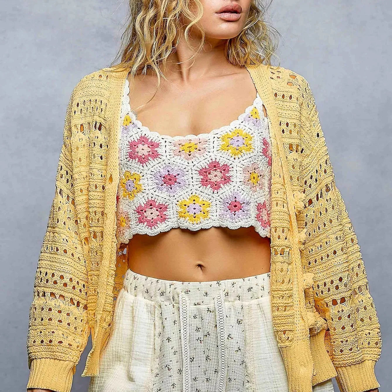 POL Rosebud Button Knit Floral Button Cardigan in Dandelion-Women's Shirts & Tops-Shop Z & Joxa