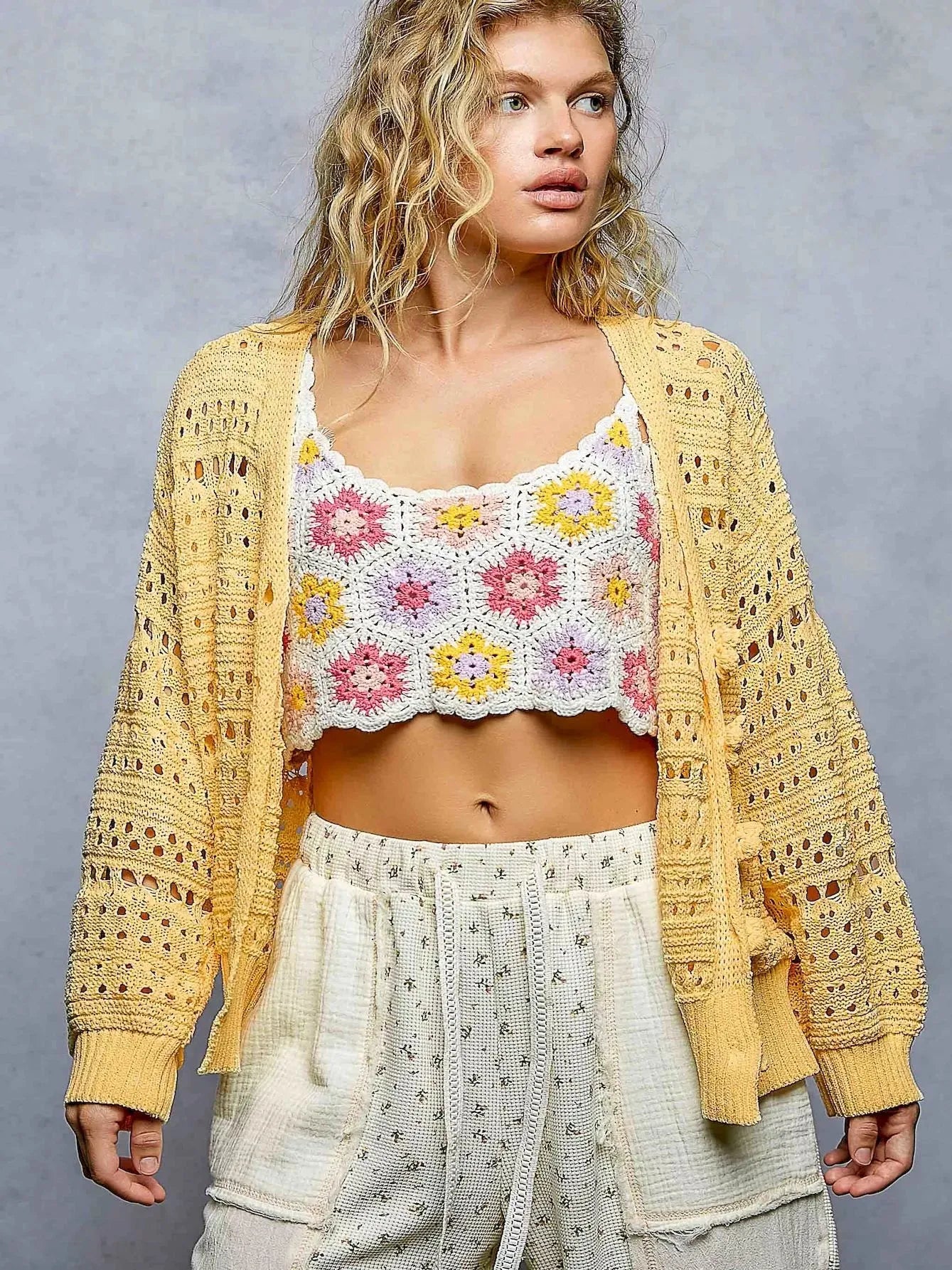 POL Rosebud Button Knit Floral Button Cardigan in Dandelion-Women's Shirts & Tops-Shop Z & Joxa