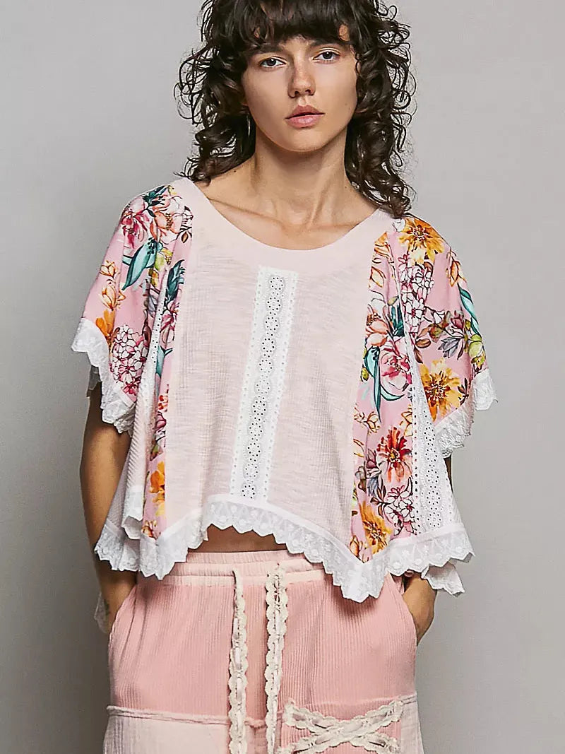 POL Rosewater Floral Ribbed Cropped Top with Lace Detail-Women's Shirts & Tops-Shop Z & Joxa