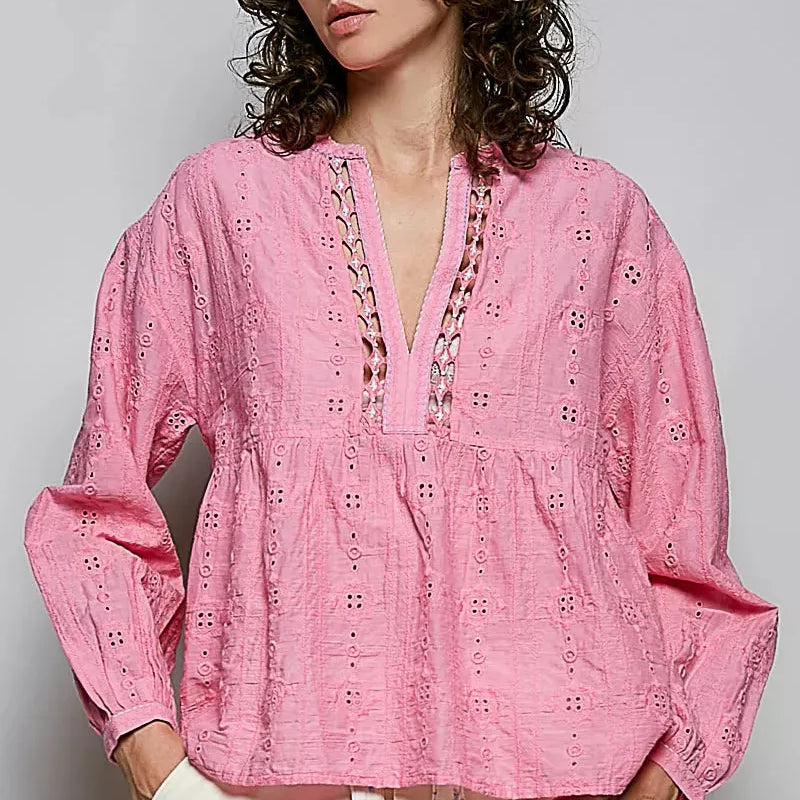 POL Rosewater Romance Eyelet Lace Gathered Empire Waist Blouse-Shirts & Tops-Shop Z & Joxa