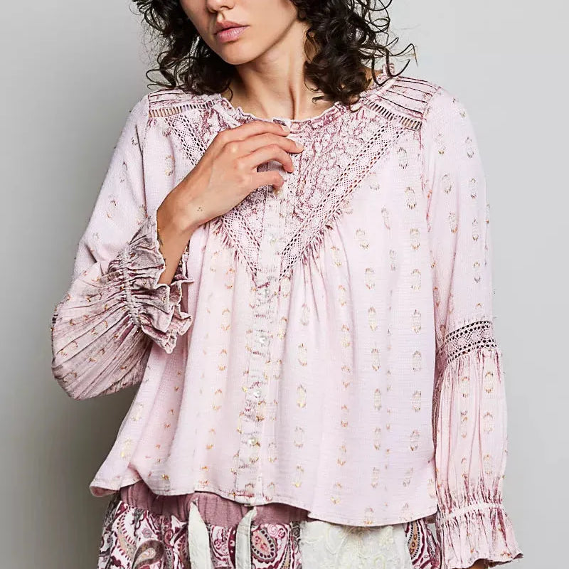 POL Rosy Revival Mixed-Pattern Long Sleeve Lace Blouse-Women's Shirts & Tops-Shop Z & Joxa