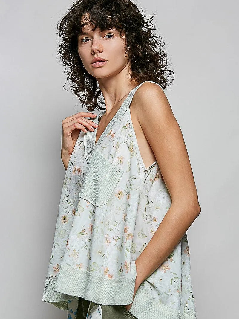 POL Sage Bloom Floral V-Neck Tank with Front Pocket-Women's Shirts & Tops-Shop Z & Joxa