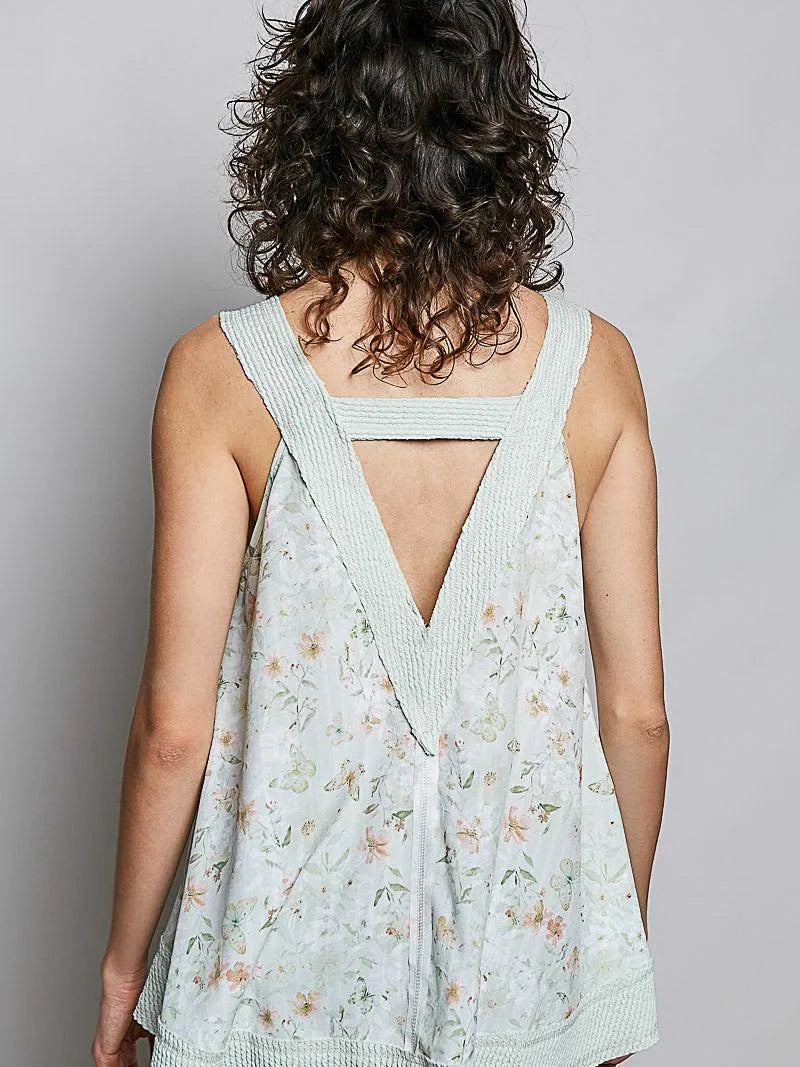 POL Sage Bloom Floral V-Neck Tank with Front Pocket-Women's Shirts & Tops-Shop Z & Joxa