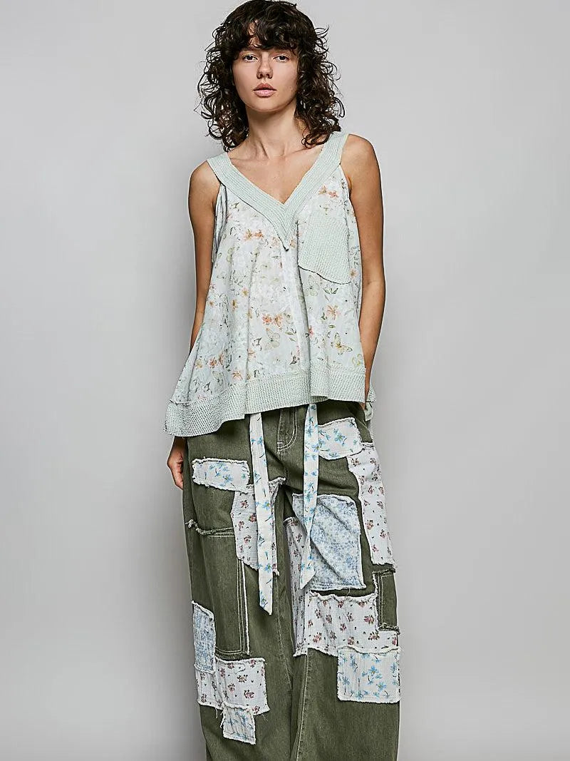 POL Sage Bloom Floral V-Neck Tank with Front Pocket-Women's Shirts & Tops-Shop Z & Joxa