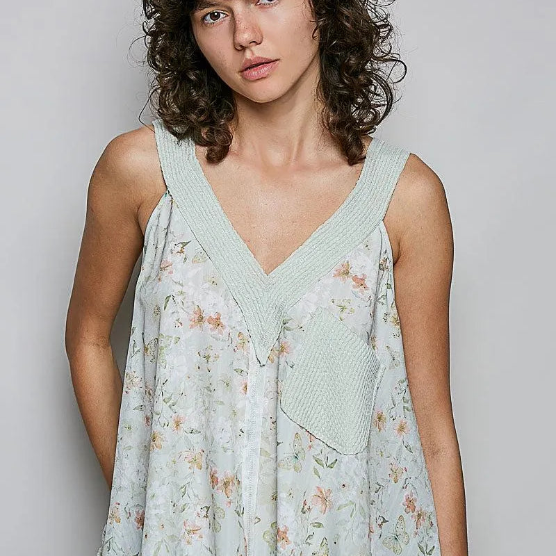 POL Sage Bloom Floral V-Neck Tank with Front Pocket-Women's Shirts & Tops-Shop Z & Joxa