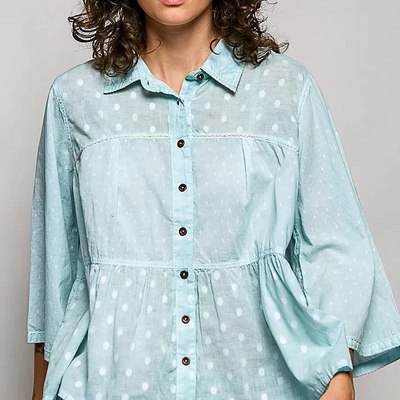 POL Saltwater Sweetheart Tonal Dot Weave Bell Sleeve Shirt-Women's Shirts & Tops-Shop Z & Joxa
