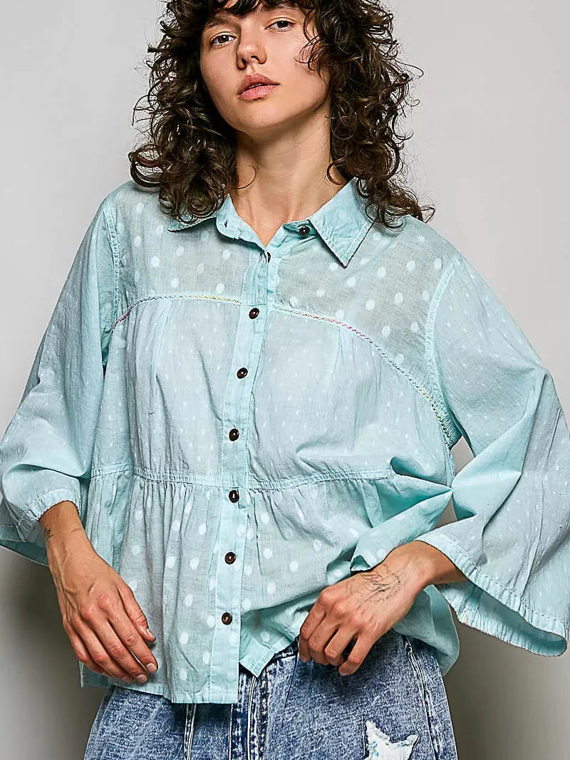 POL Saltwater Sweetheart Tonal Dot Weave Bell Sleeve Shirt-Women's Shirts & Tops-Shop Z & Joxa