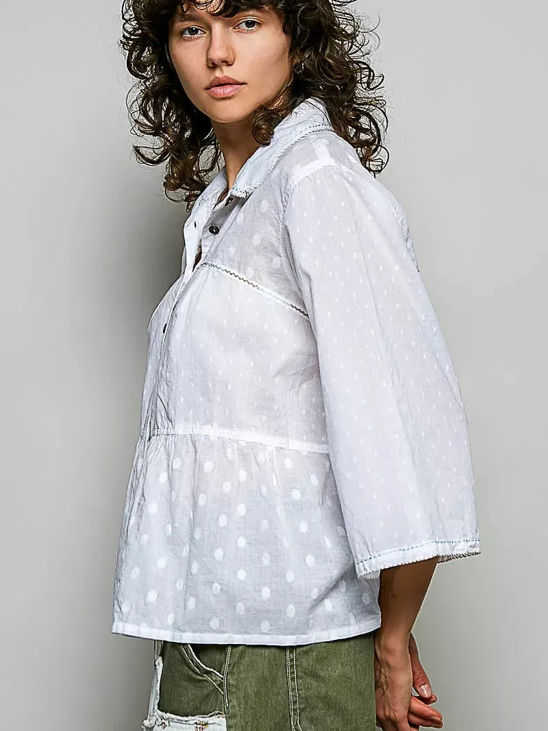 POL Salty Sweetheart Tonal Dot Weave Bell Sleeve Shirt-Women's Shirts & Tops-Shop Z & Joxa