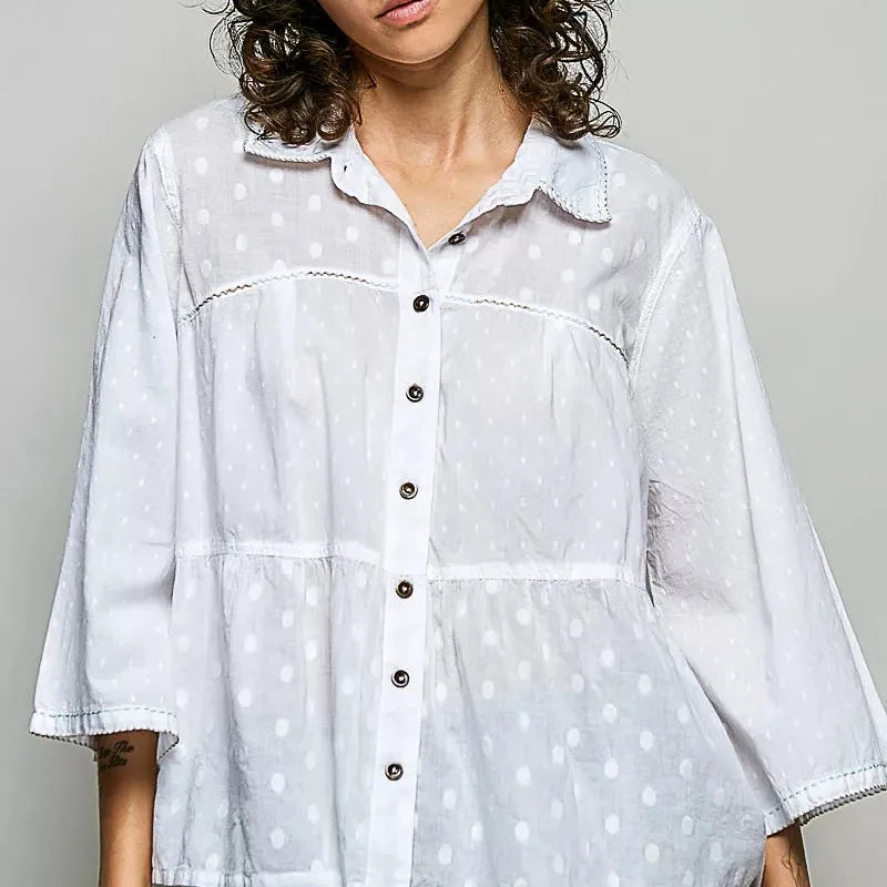 POL Salty Sweetheart Tonal Dot Weave Bell Sleeve Shirt-Women's Shirts & Tops-Shop Z & Joxa