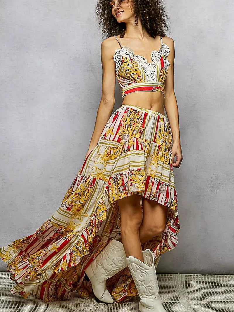 POL Scarlet Boheme Floral Print Crop Top and High-Low Skirt Set-Women's Sets-Shop Z & Joxa