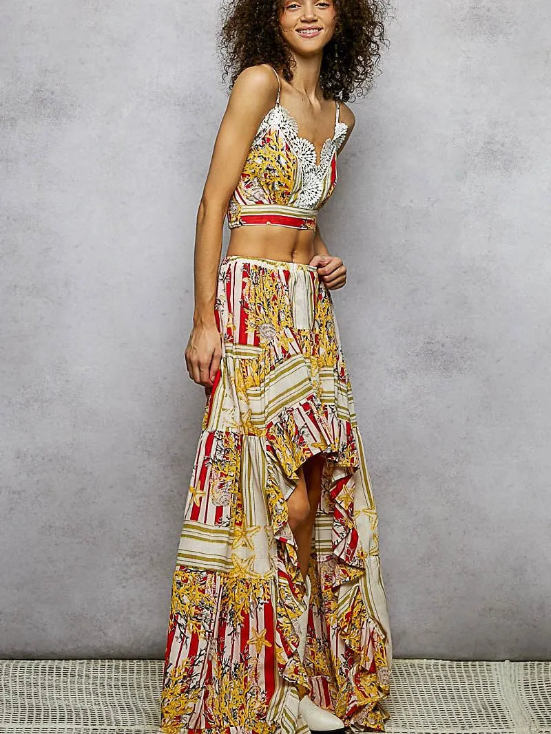 POL Scarlet Boheme Floral Print Crop Top and High-Low Skirt Set-Women's Sets-Shop Z & Joxa