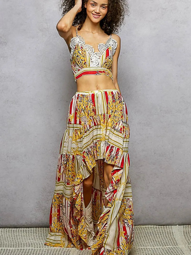 POL Scarlet Boheme Floral Print Crop Top and High-Low Skirt Set-Women's Sets-Shop Z & Joxa