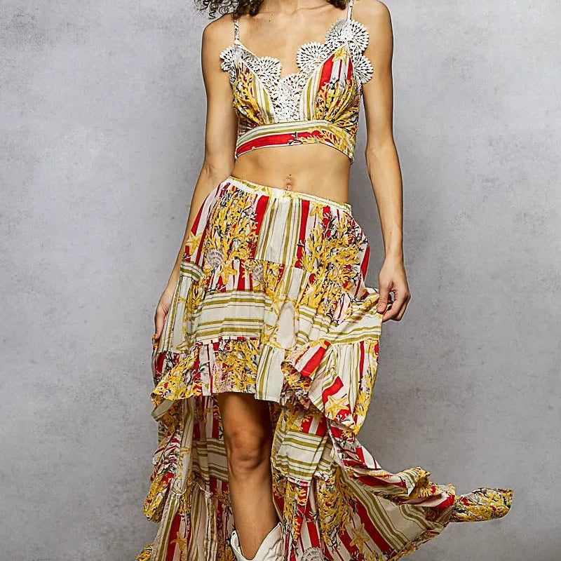 POL Scarlet Boheme Floral Print Crop Top and High-Low Skirt Set-Women's Sets-Shop Z & Joxa