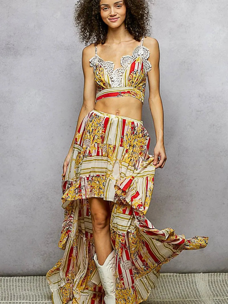 POL Scarlet Boheme Floral Print Crop Top and High-Low Skirt Set-Women's Sets-Shop Z & Joxa