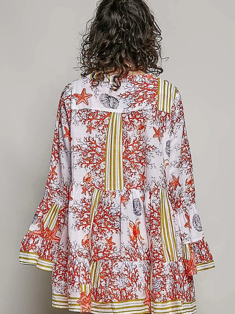 POL Seaside Bloom Striped Floral Bell Sleeve Mini Dress-Women's Dresses-Shop Z & Joxa