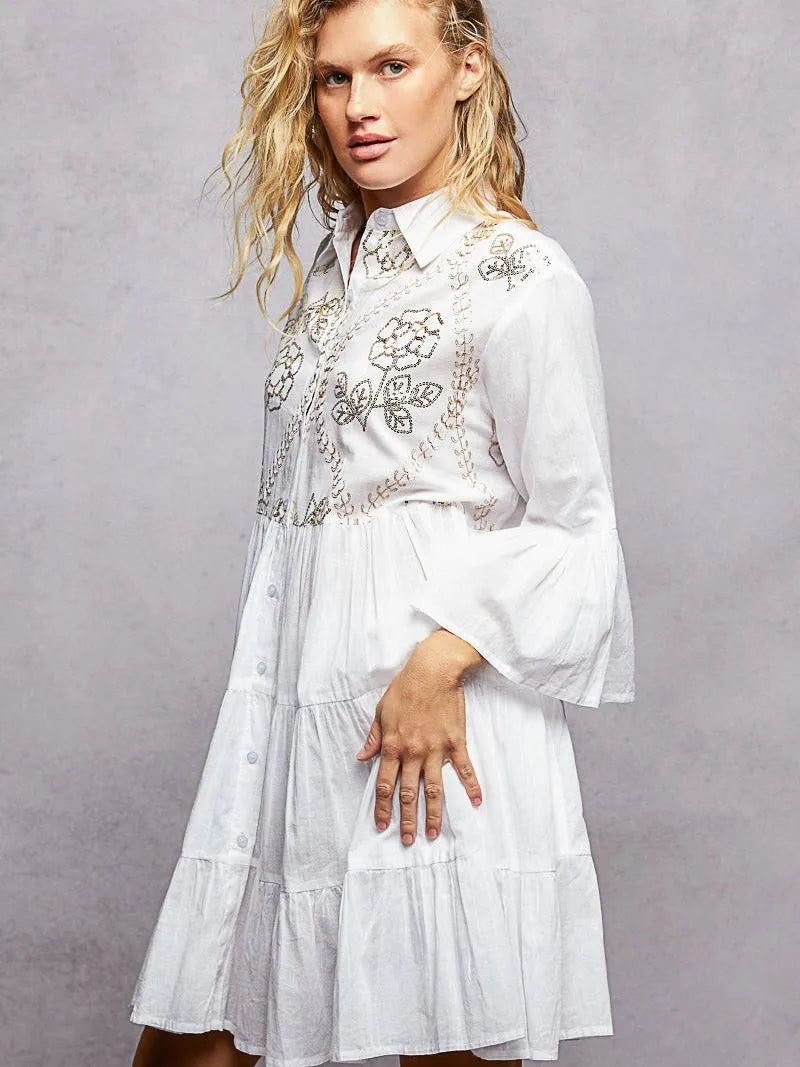 POL Sequin Daydream Embroidered Floral Mini Tiered Shirt Dress-Women's Dresses-Shop Z & Joxa