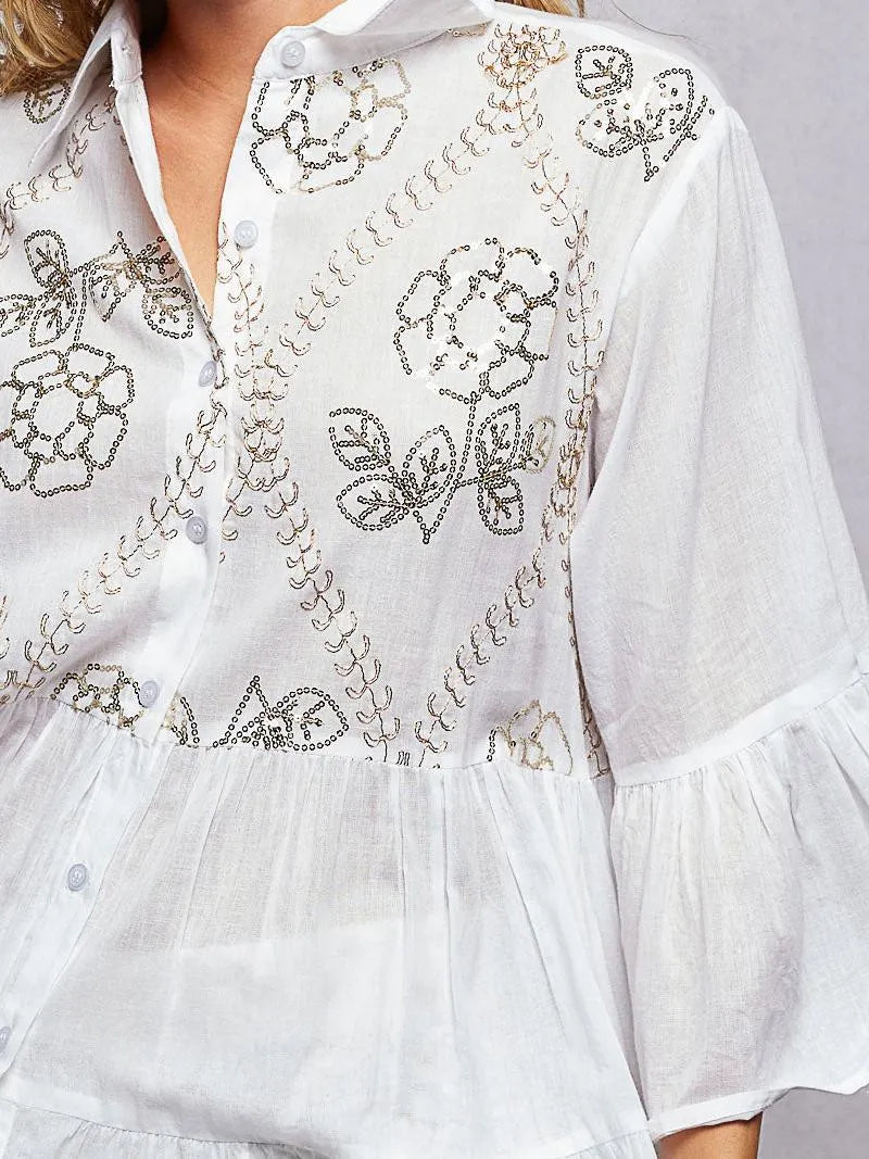 POL Sequin Daydream Embroidered Floral Mini Tiered Shirt Dress-Women's Dresses-Shop Z & Joxa