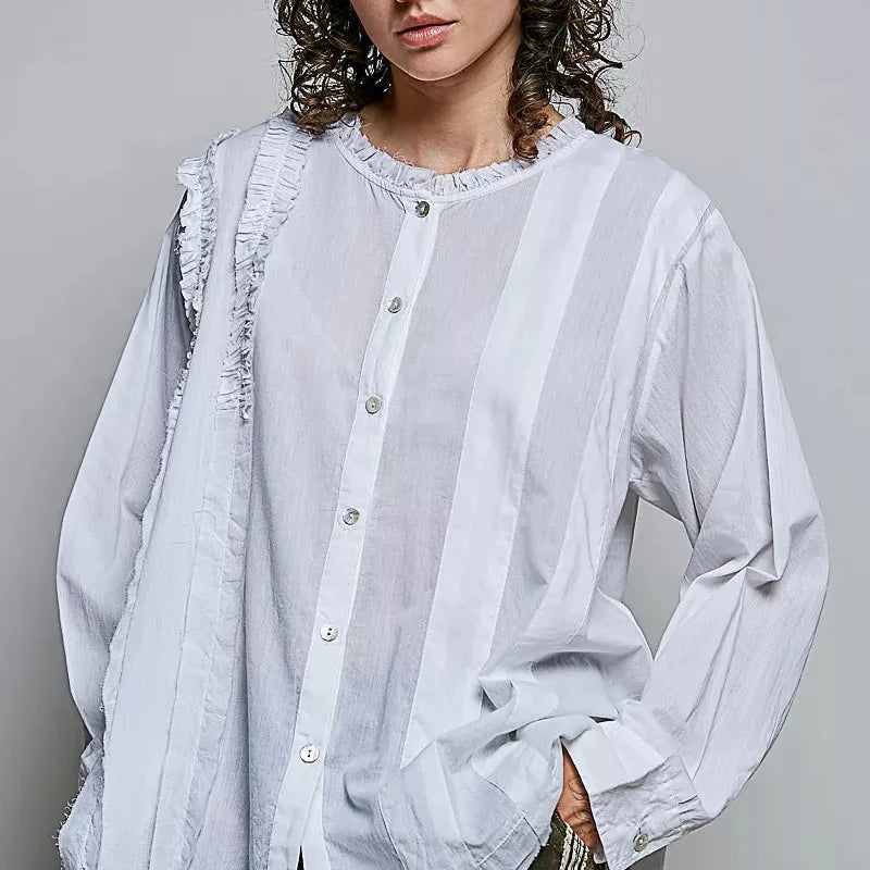 POL Simple Ivory Ruffle Trim Long Sleeve Blouse-Women's Shirts & Tops-Shop Z & Joxa