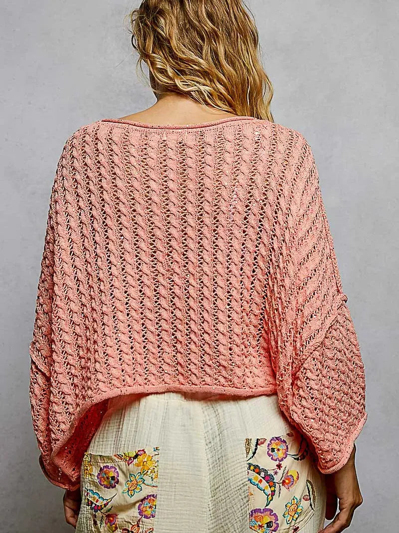 POL Skyline Shimmer Cable-Knit Cropped Sweater in Coral-Women's Shirts & Tops-Shop Z & Joxa