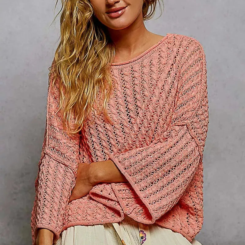 POL Skyline Shimmer Cable-Knit Cropped Sweater in Coral-Women's Shirts & Tops-Shop Z & Joxa