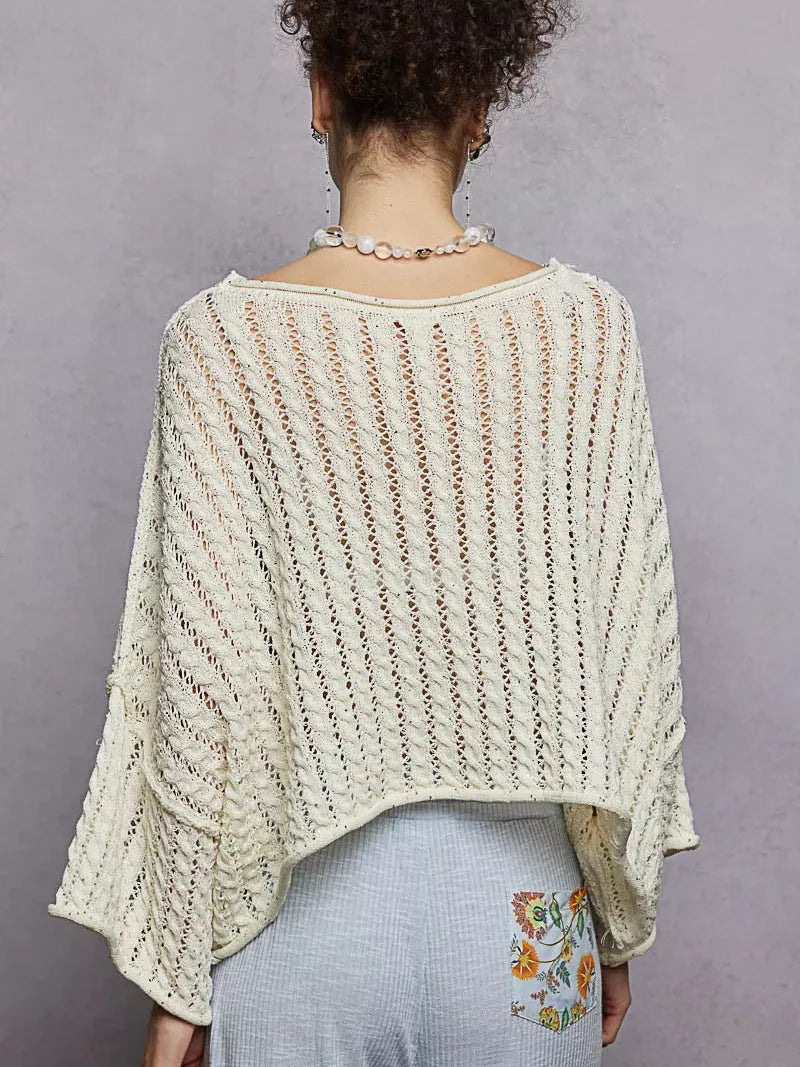 POL Skyline Shimmer Cable-Knit Cropped Sweater in Ivory-Women's Shirts & Tops-Shop Z & Joxa