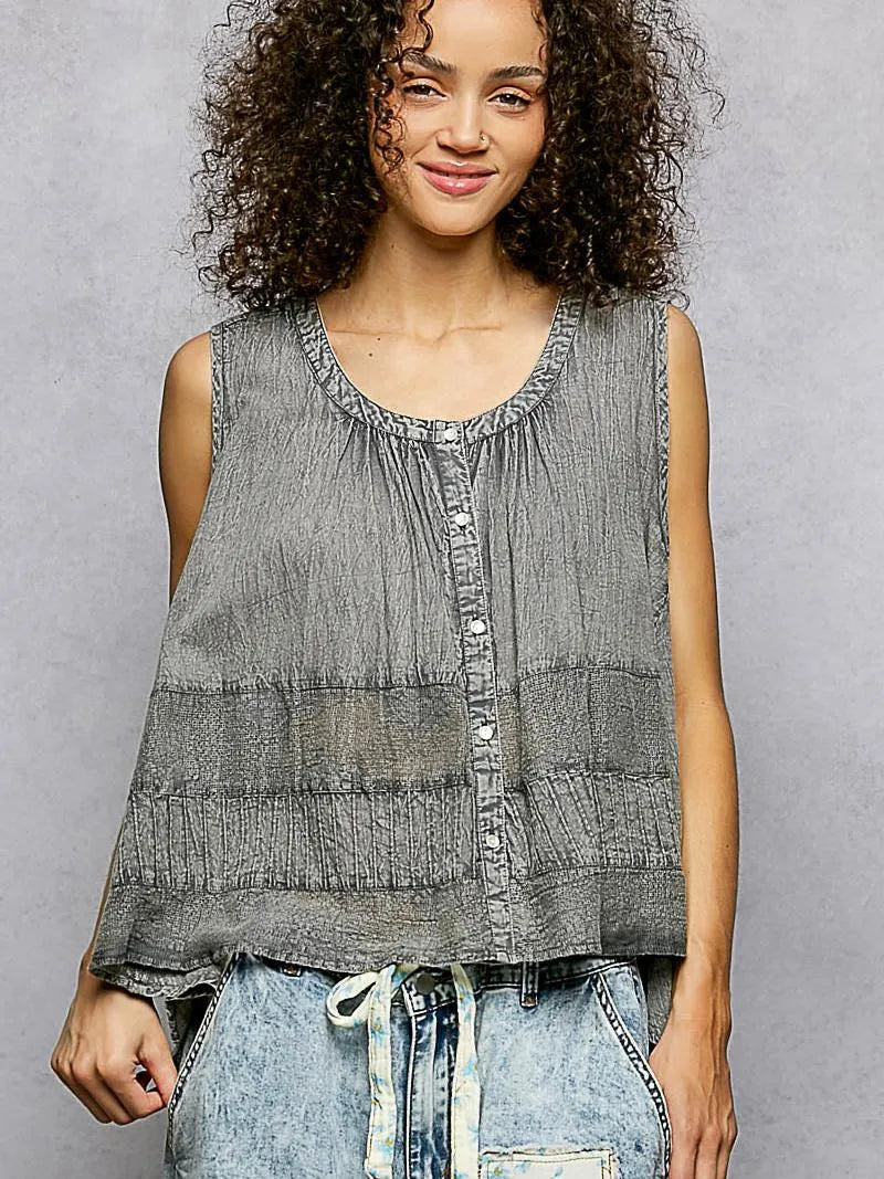 POL Smoky Serenity Sleeveless Tank with Crochet Contrast-Women's Shirts & Tops-Shop Z & Joxa