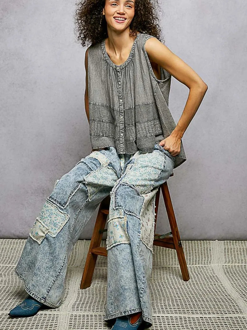 POL Smoky Serenity Sleeveless Tank with Crochet Contrast-Women's Shirts & Tops-Shop Z & Joxa