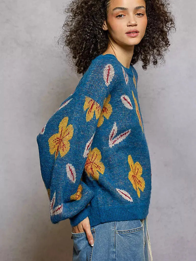 POL Soft Leaf Story Round Neck Balloon Sleeve Sweater-Women's Shirts & Tops-Shop Z & Joxa