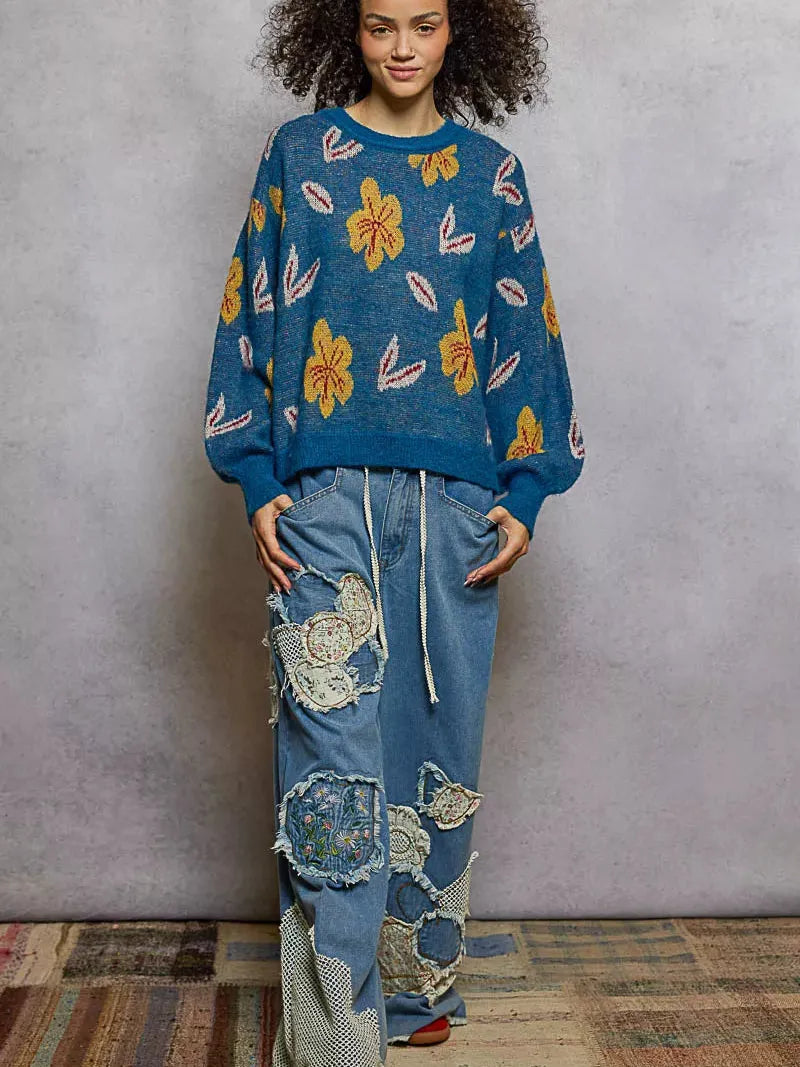 POL Soft Leaf Story Round Neck Balloon Sleeve Sweater-Women's Shirts & Tops-Shop Z & Joxa