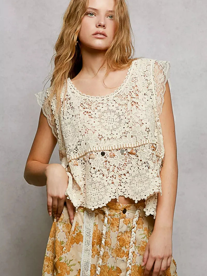 POL Soft Serenade Lace Trim Openwork Crochet Scallop Tank-Women's Shirts & Tops-Shop Z & Joxa