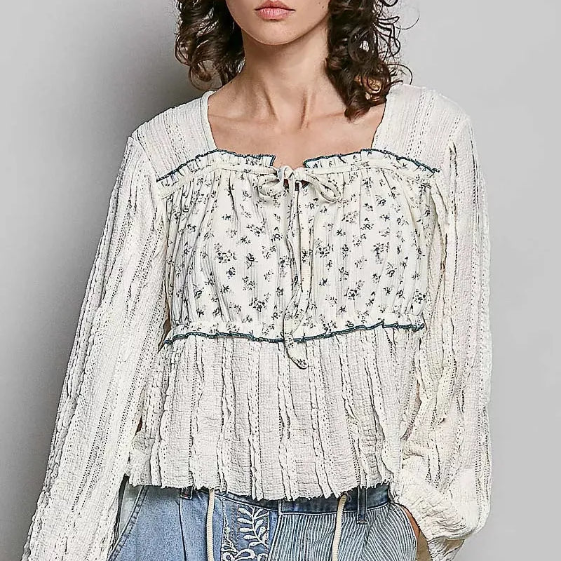 POL Soft Spoken Square Neck Lace Long Balloon Sleeve Top-Women's Shirts & Tops-Shop Z & Joxa