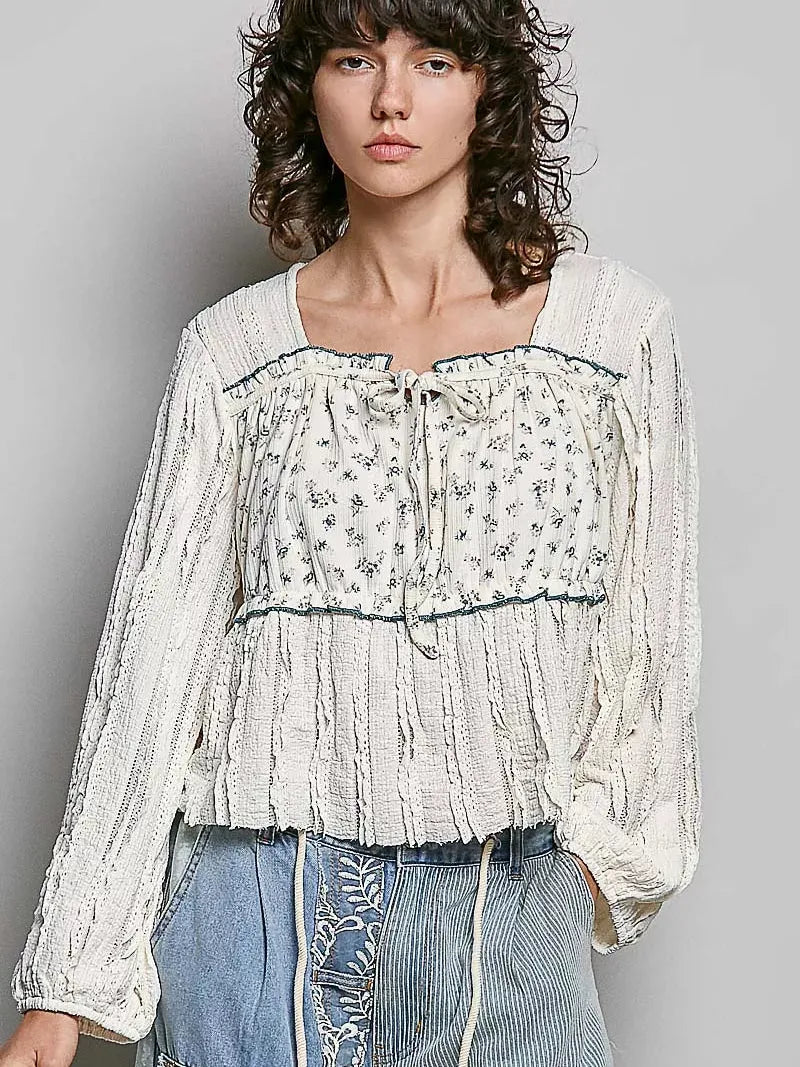 POL Soft Spoken Square Neck Lace Long Balloon Sleeve Top-Women's Shirts & Tops-Shop Z & Joxa
