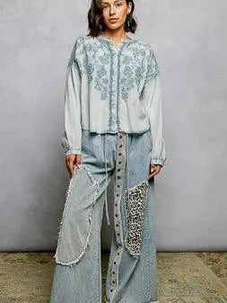 POL Soft Stitch Serenity Floral Button Up Long Sleeve Shirt-Women's Shirts & Tops-Shop Z & Joxa