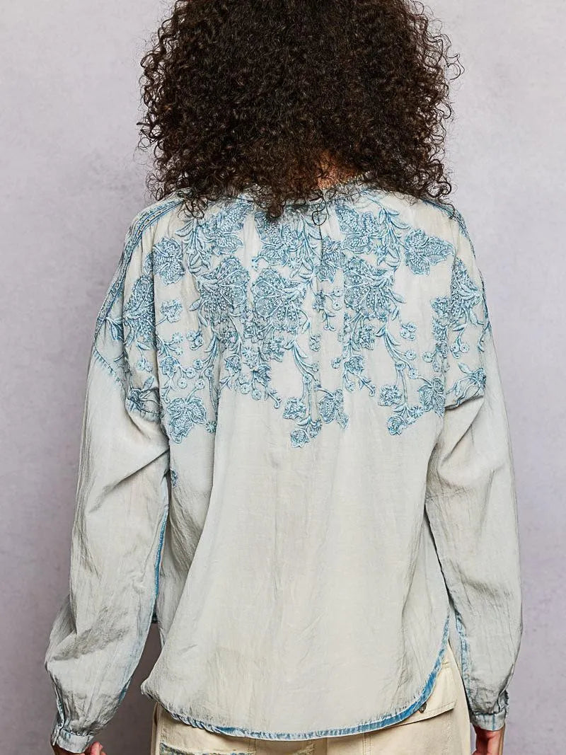 POL Soft Stitch Serenity Floral Button Up Long Sleeve Shirt-Women's Shirts & Tops-Shop Z & Joxa