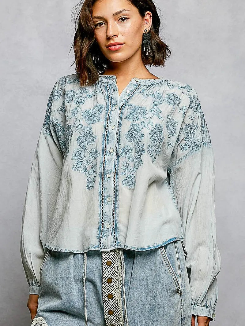 POL Soft Stitch Serenity Floral Button Up Long Sleeve Shirt-Women's Shirts & Tops-Shop Z & Joxa