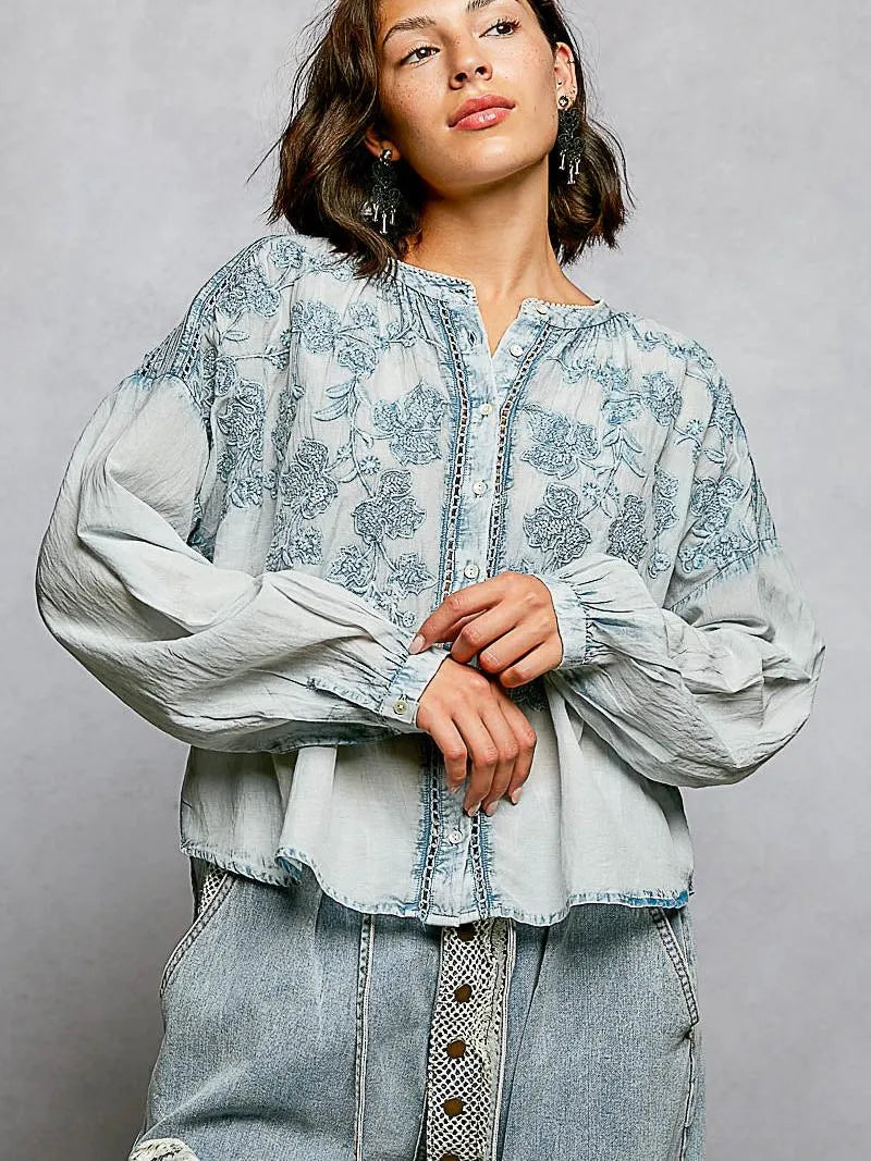 POL Soft Stitch Serenity Floral Button Up Long Sleeve Shirt-Women's Shirts & Tops-Shop Z & Joxa