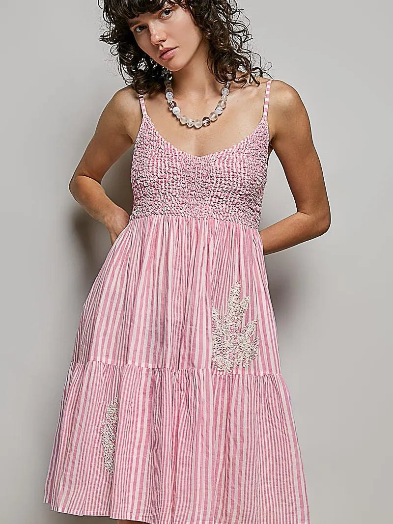 POL Spangle Breeze Embroidered Smocked Striped Mini Dress-Women's Dresses-Shop Z & Joxa