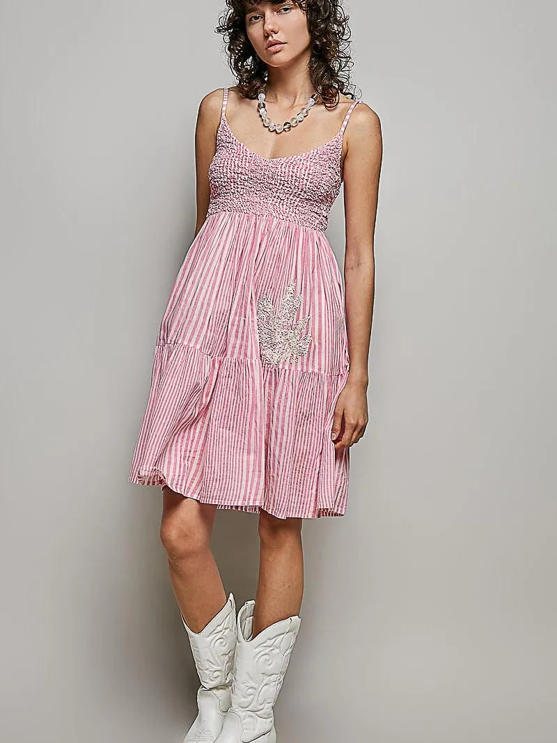 POL Spangle Breeze Embroidered Smocked Striped Mini Dress-Women's Dresses-Shop Z & Joxa