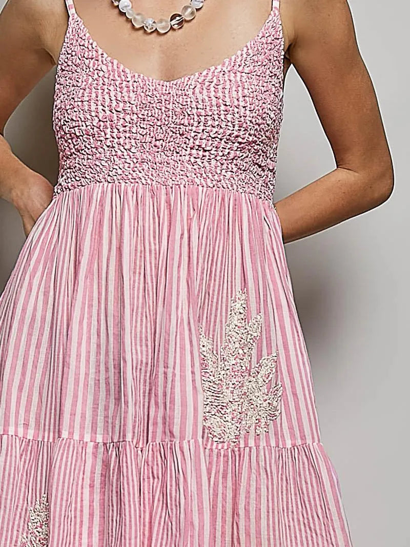 POL Spangle Breeze Embroidered Smocked Striped Mini Dress-Women's Dresses-Shop Z & Joxa