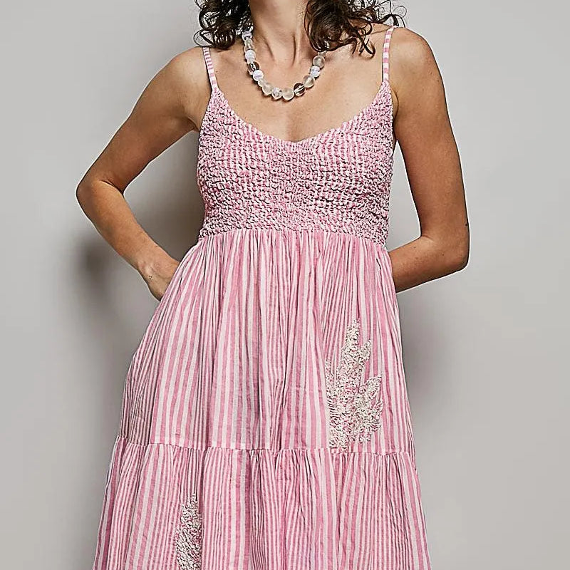 POL Spangle Breeze Embroidered Smocked Striped Mini Dress-Women's Dresses-Shop Z & Joxa