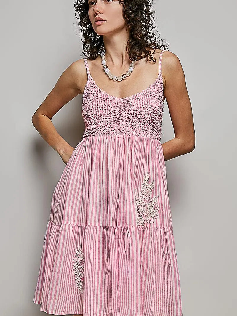 POL Spangle Breeze Embroidered Smocked Striped Mini Dress-Women's Dresses-Shop Z & Joxa