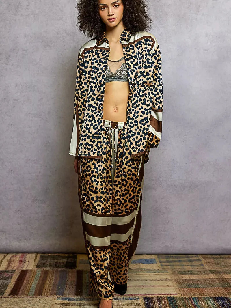 POL Spot on Leopard Printed Drawstring Wide Leg Satin Pants-Women's Pants-Shop Z & Joxa