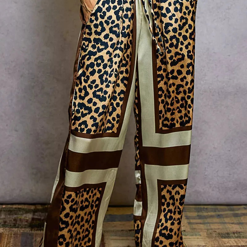 POL Spot on Leopard Printed Drawstring Wide Leg Satin Pants-Women's Pants-Shop Z & Joxa